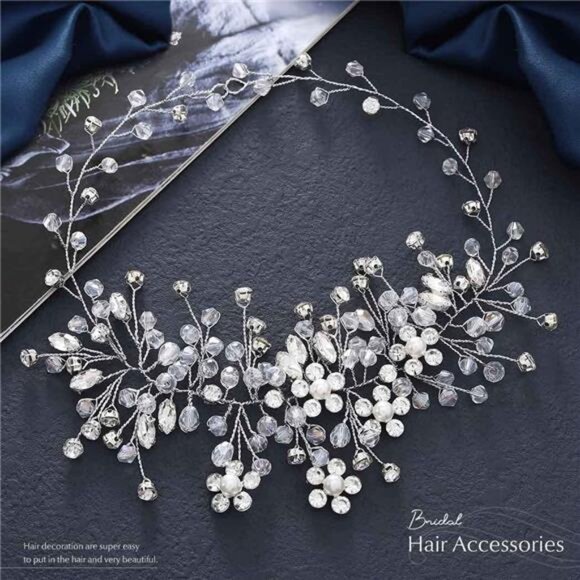 Rhinestones Bridal Headbands Silver Crystal Pearl Hair Vine Flower Headpiece - Picture 2 of 8